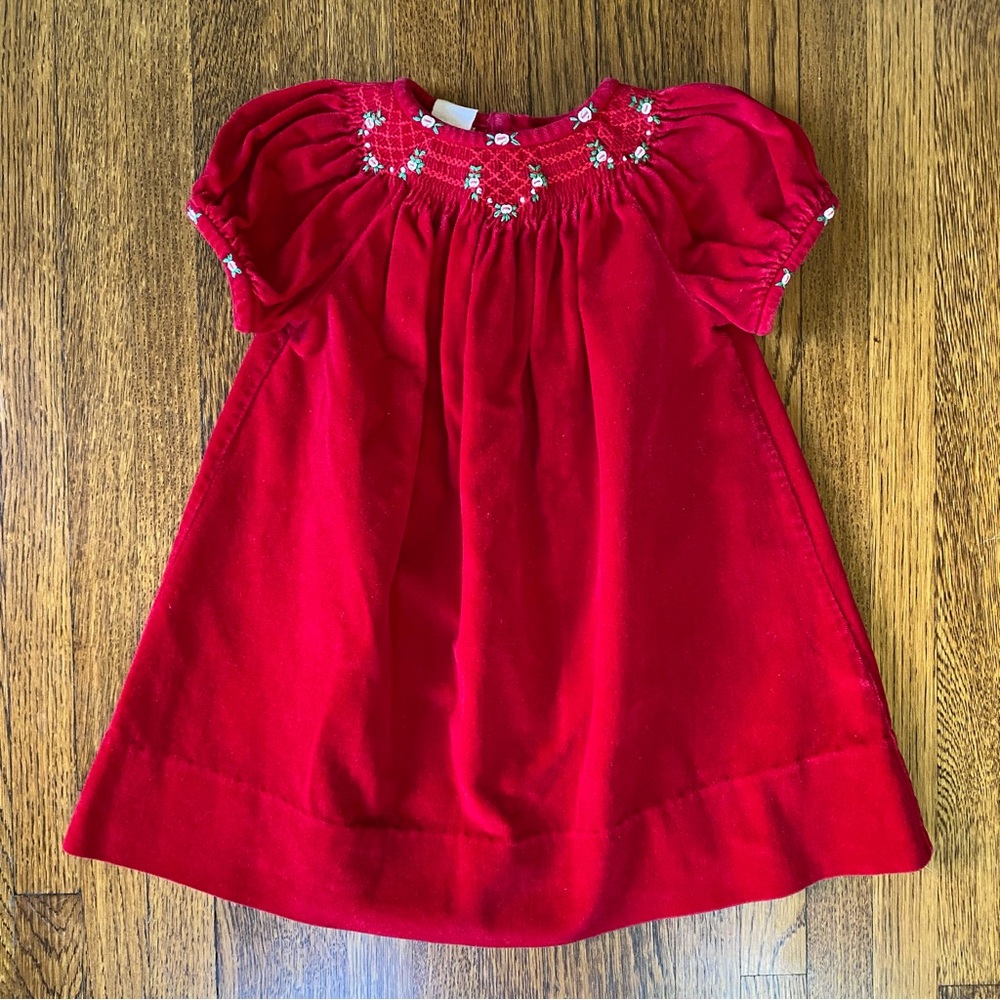 Vive La Fete 12 Months Smocked Red Cotton Velvet Dress